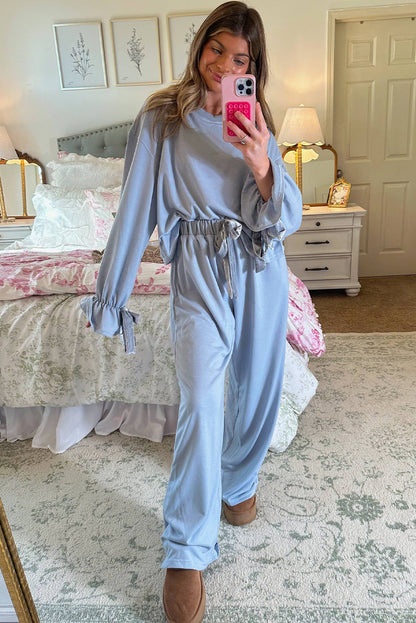 Beau Blue Flounce Long Sleeve Top Drawstring Pants Contrast Velvet Bow Knot 2pcs Lounge Set