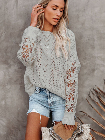 Gray Scallop Neck Crochet Lace Knit Sweater