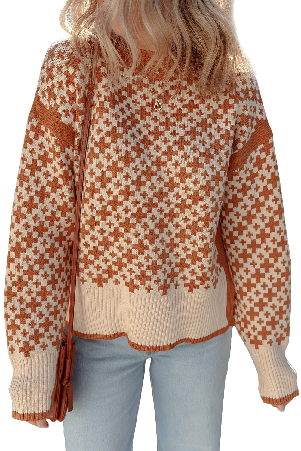 Brown Two Tone Contrast Geometric Ribbed Edge Loose Sweater