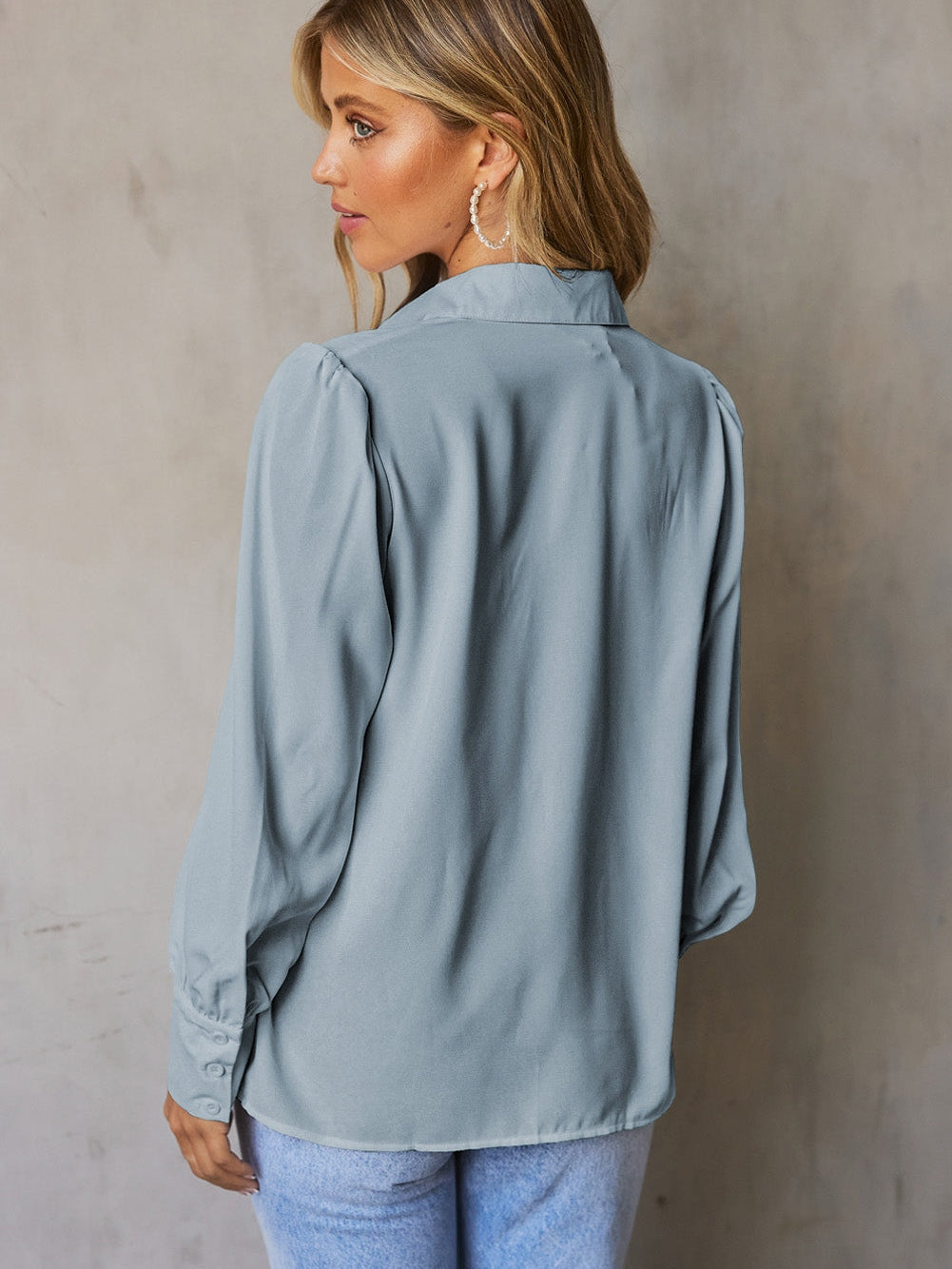 Elegant Sky Blue Puff Sleeve Polyester Blouse