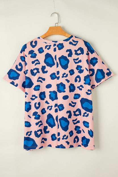Pink Leopard Print Oversized V Neck Plus Size Tee
