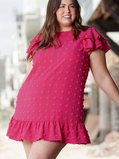 Strawberry Pink Jacquard Ruffle Sleeve Plus Size Mini Dress