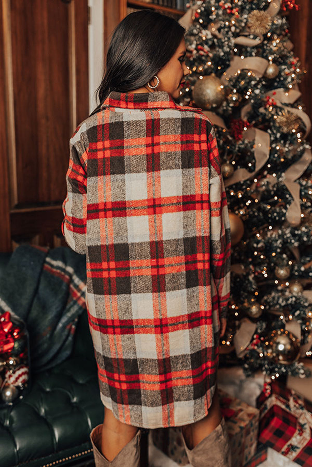 Red Plaid Buttoned Front Side Slit Tunic Shacket