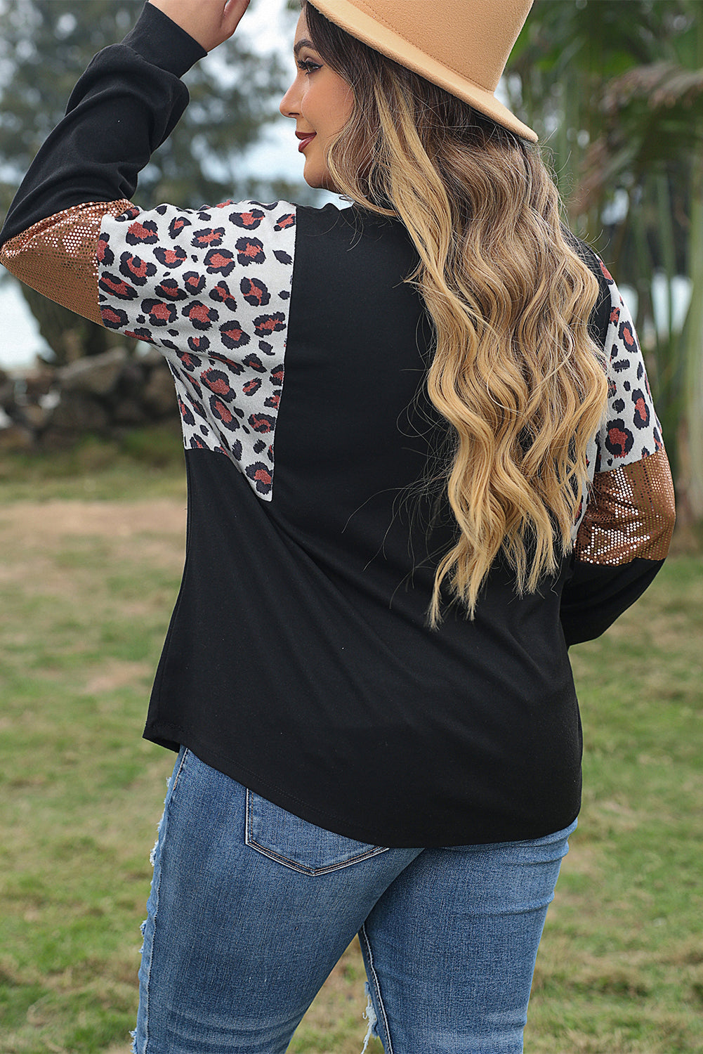 Leopard Print Sequin Embellished Plus Size Top with Long Sleeves