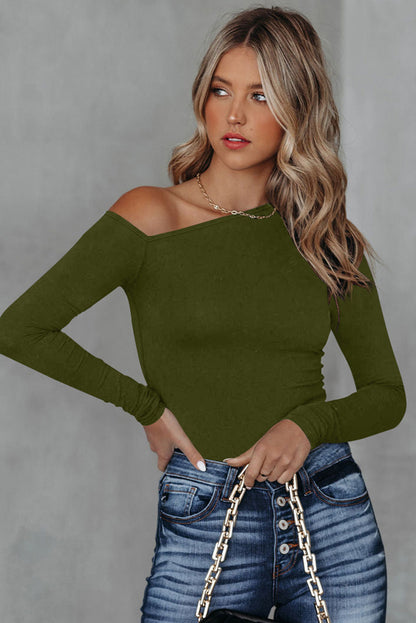 Green One-Shoulder Long Sleeve Knit Top for Chic Styling