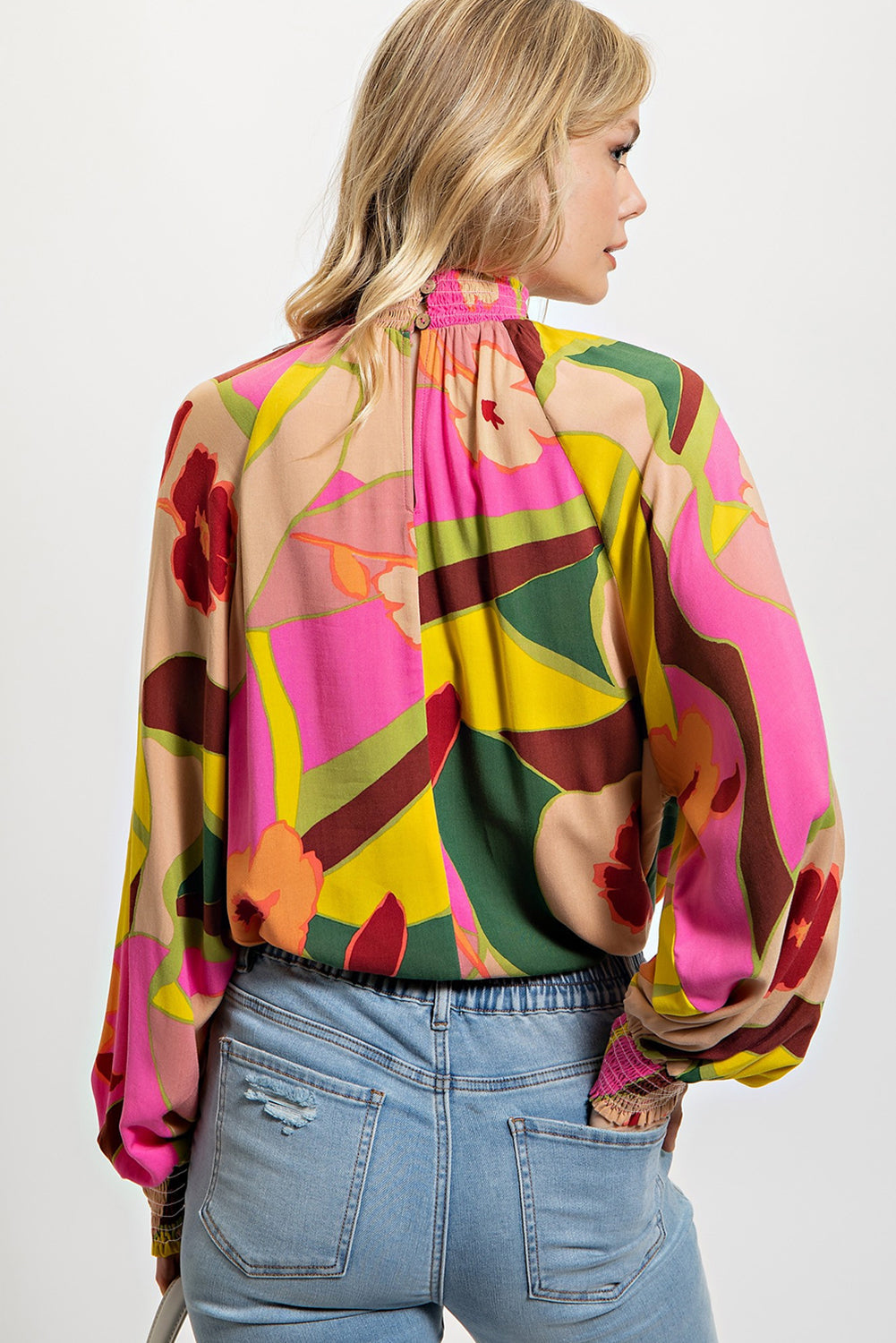 Floral Print Stand Neck Blouse with Smocked Hem in Multicolor Palette