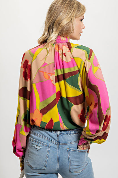 Floral Print Stand Neck Blouse with Smocked Hem in Multicolor Palette