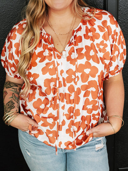 Orange Floral Print Plus Size V Neck Short Sleeve Blouse with Drawstring