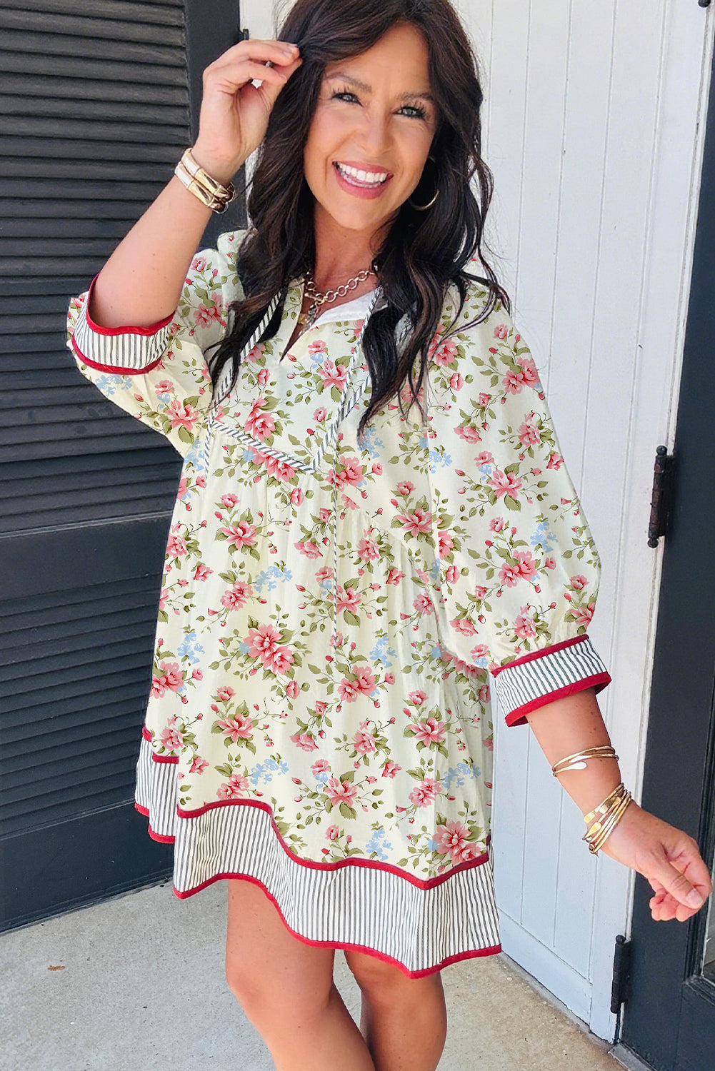 Apricot Striped Edge 3/4 Puff Sleeve Floral Dress