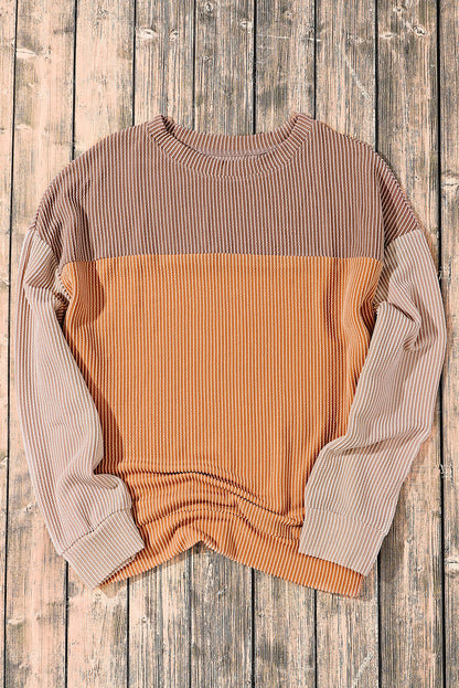 Khaki Color Block Ribbed Top with Long Sleeves