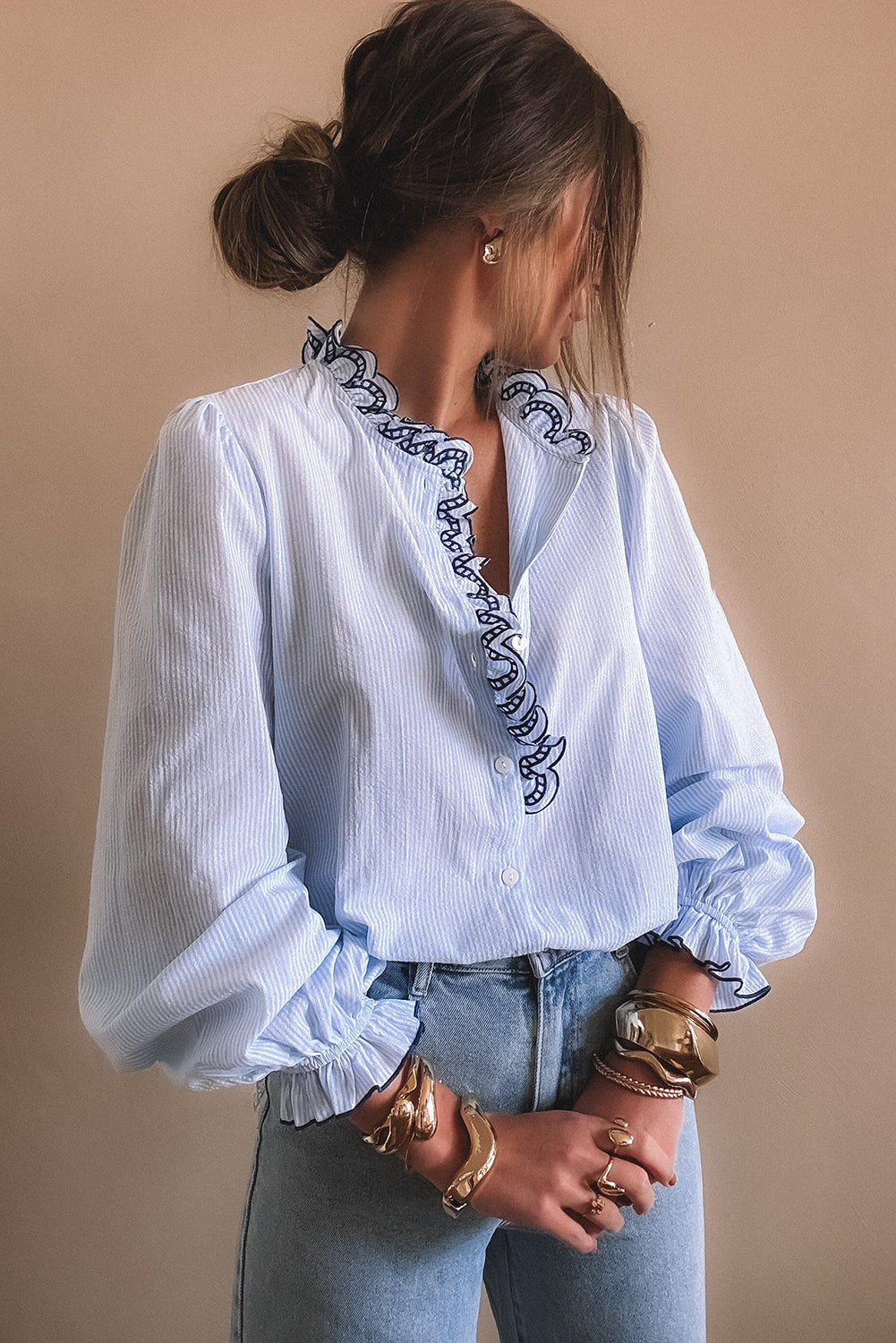 Beau Blue Striped Print Embroidered Ruffle Trim Long Puff Sleeve Shirt
