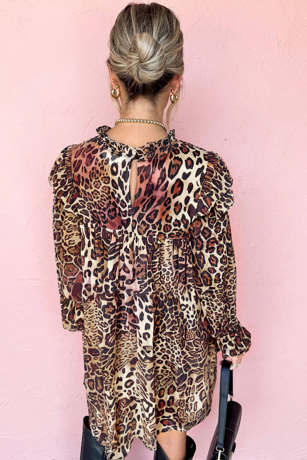 Brown Leopard Ruffled Detail Long Sleeve Loose Mini Dress