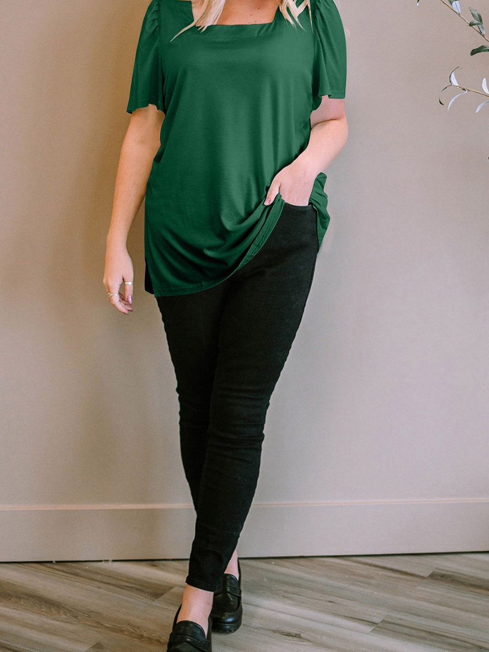 Ruched Shoulder Green Square Neck Plus Size Top
