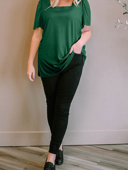 Ruched Shoulder Green Square Neck Plus Size Top