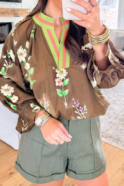 Brown Floral Print Flounced Puff Sleeve Contrast Trim V Neck Blouse