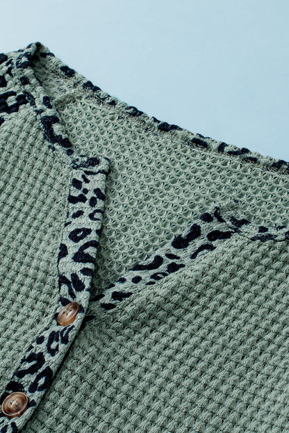 Green Leopard Waffle Knit V-Neck Blouse with Button Details