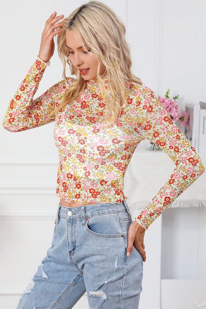 Floral Print Lettuce Hem Long Sleeve Top with Multicolor Design