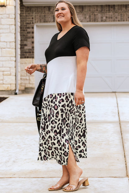 Wild Leopard Patched V Neck Plus Size Maxi Dress