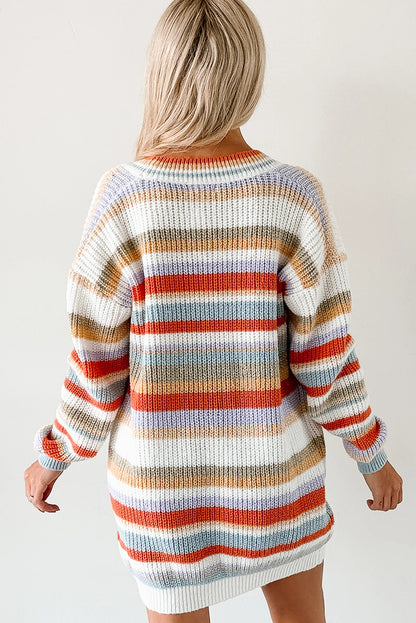Orange Striped Knit Button V Neck Tunic Sweater Cardigan
