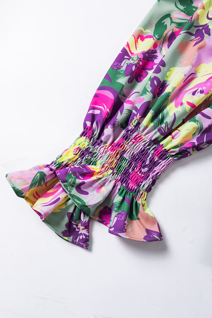 Green Floral Ribbed Frill Neck Long Sleeve Top with a Misty Twist