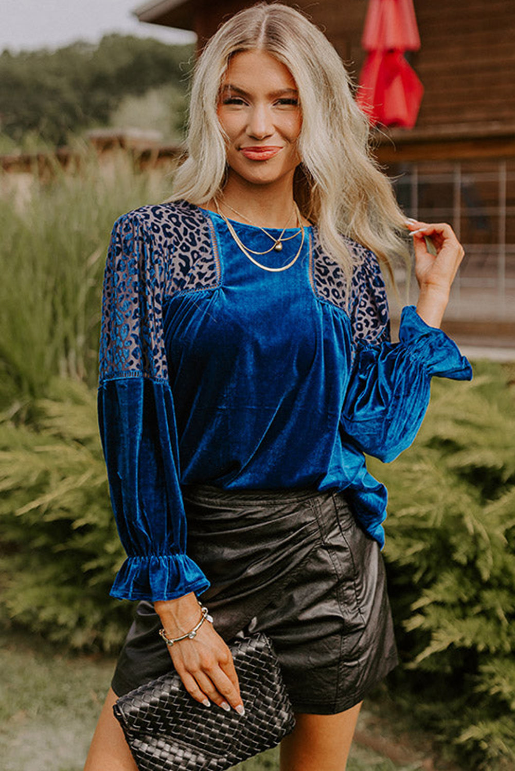 Sky Blue Leopard Patchwork Shoulder Flounce Sleeve Velvet Blouse