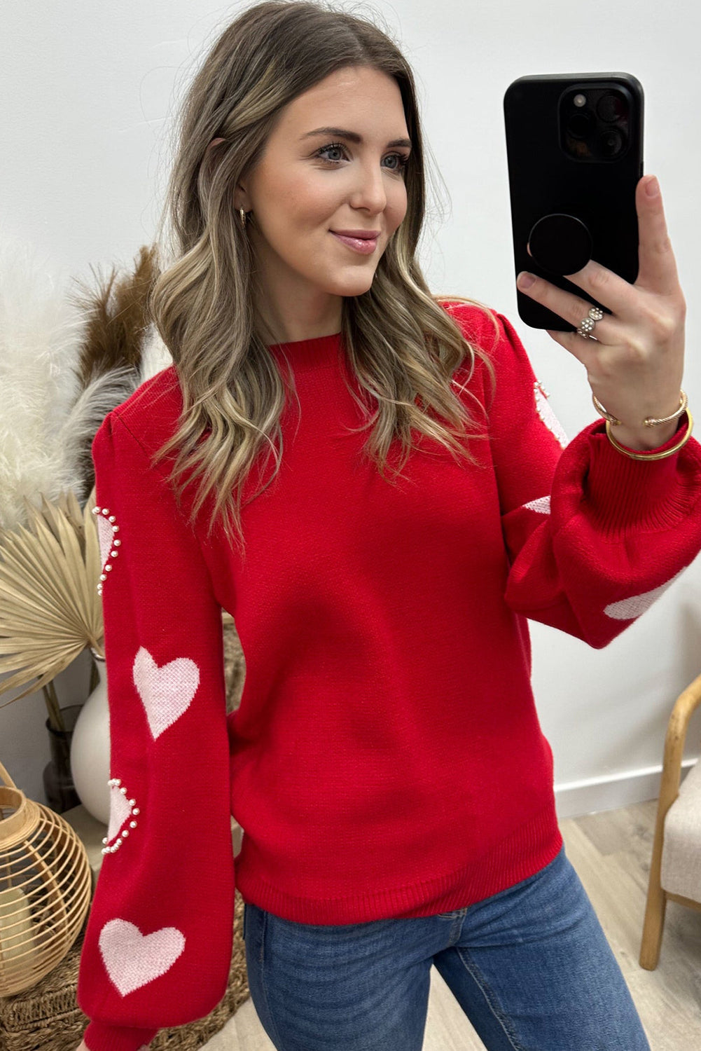 Racing Red Heart Print Sleeve Pearl Embellished Casual Sweater