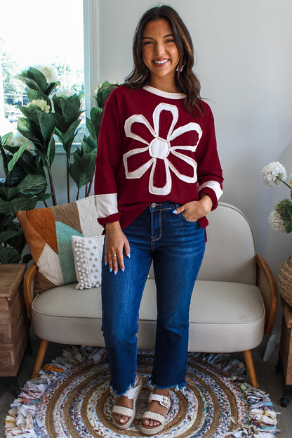 Red Dahlia Cheerful Daisy Flower Patched Round Neck Long Sleeve Top