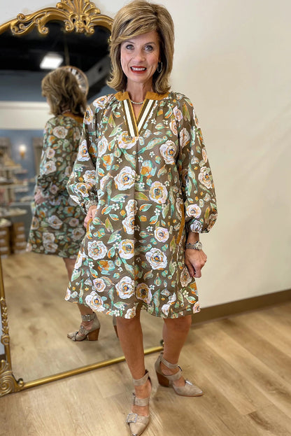 Brown Floral Print Contrast Trim V Neck Pocketed Long Sleeve Mini Dress