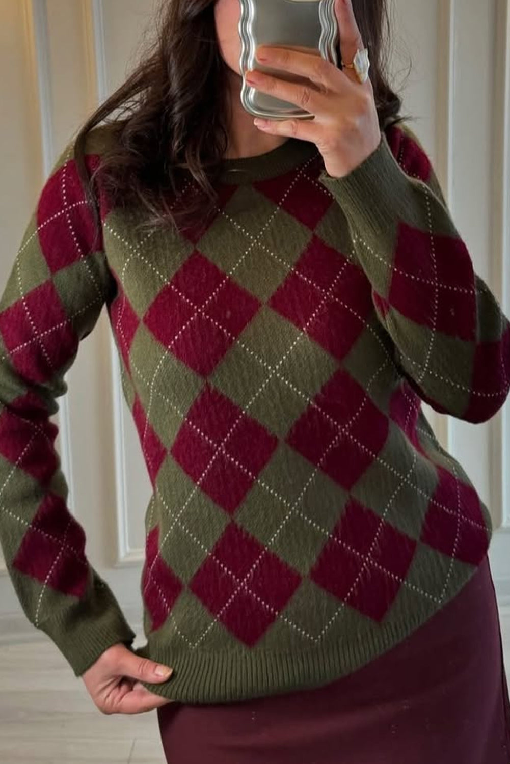 Green Vintage Argyle Knit Round Neck Sweater