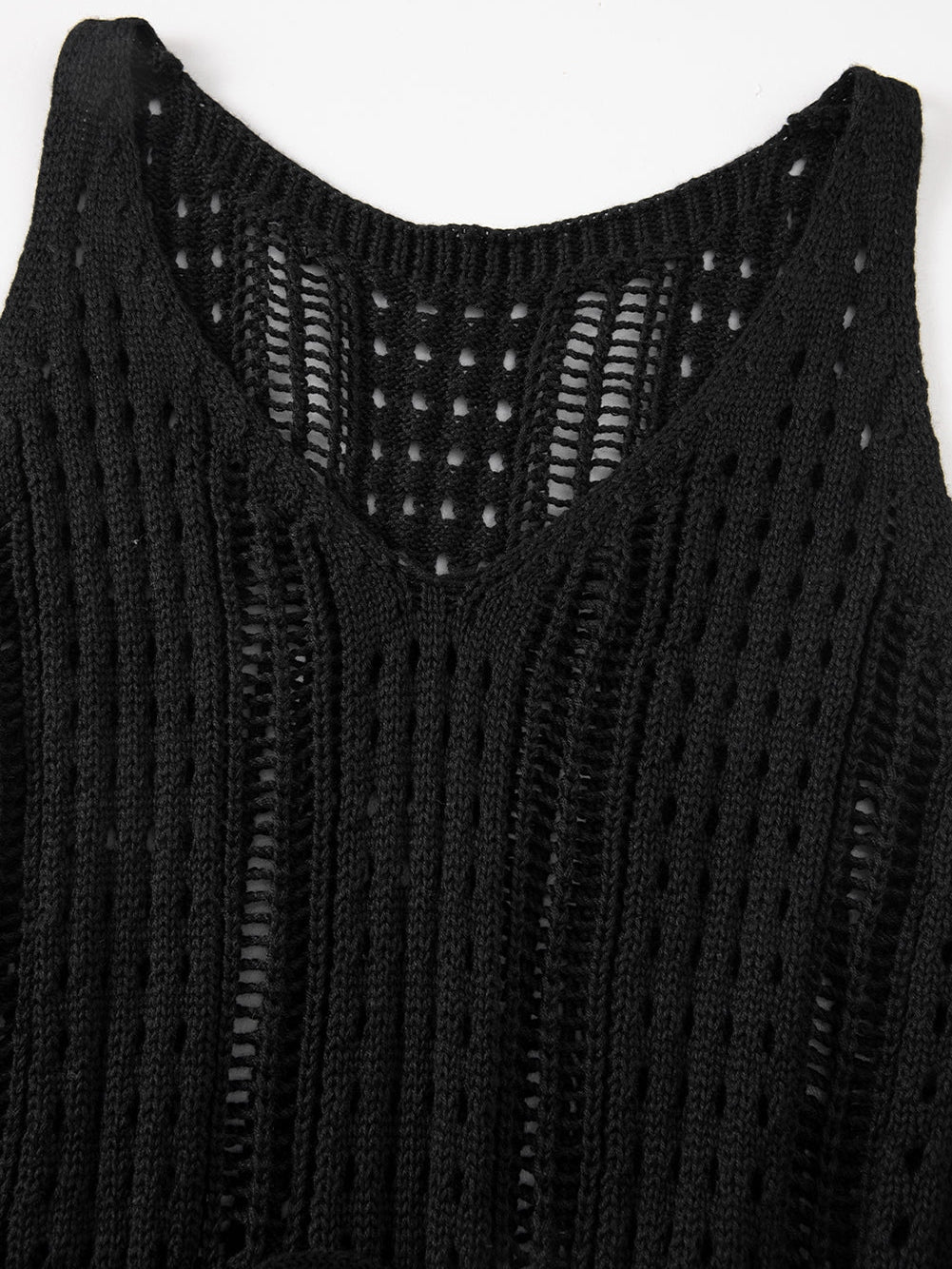 Boho Black Crochet Beach Dress with Drawstring & Hollow-out Detail