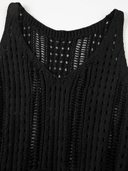 Boho Black Crochet Beach Dress with Drawstring & Hollow-out Detail