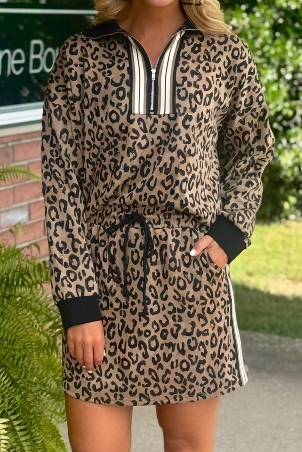 Khaki Leopard Print Quarter Zip Long Sleeve Top Drawstring Mini Skirt Varsity 2pcs Set