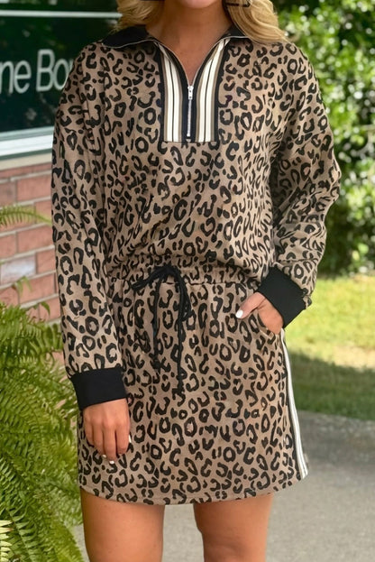 Khaki Leopard Print Quarter Zip Long Sleeve Top Drawstring Mini Skirt Varsity 2pcs Set