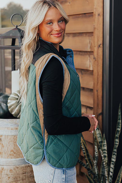 Evergreen Color Contrast High Neck Snap Button Quilted Vest