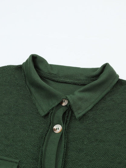 Green Knit Cotton Blend Casual Shacket with Chest Pockets