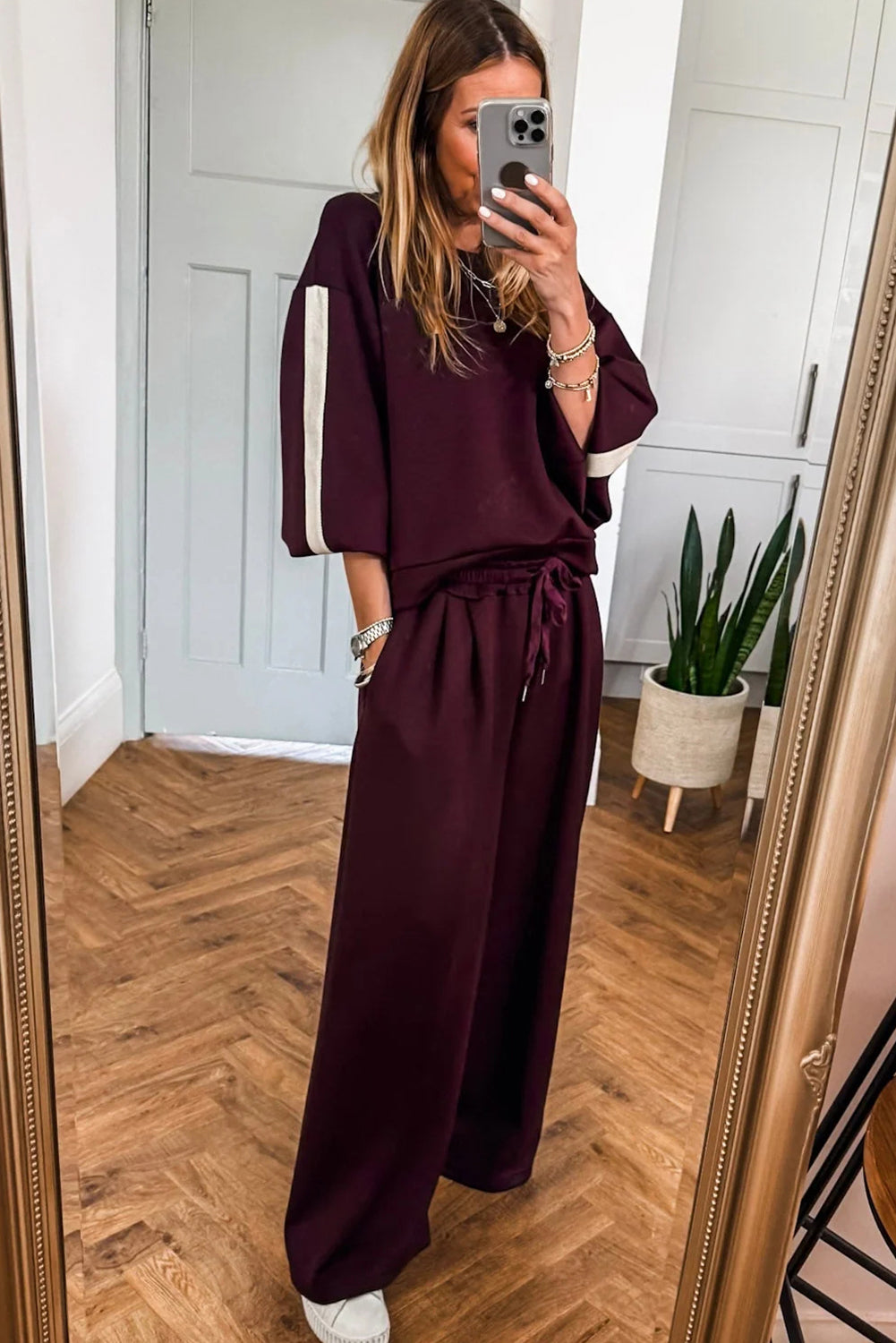 Burgundy Varsity Striped 3/4 Sleeve Pullover Drawstring Sweatpants Set