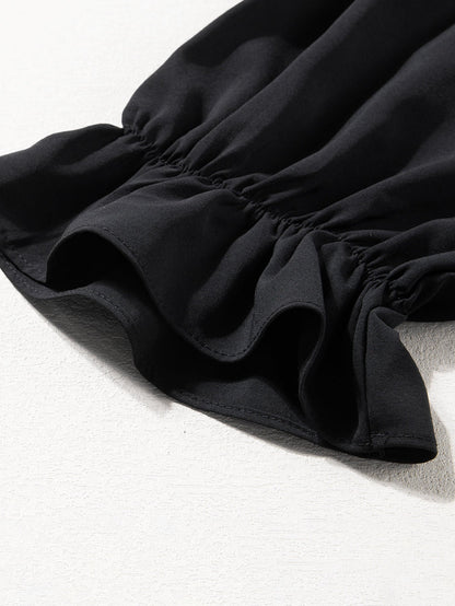 Black Solid Ruffled Puff Sleeve V Neck Plus Size Mini Dress