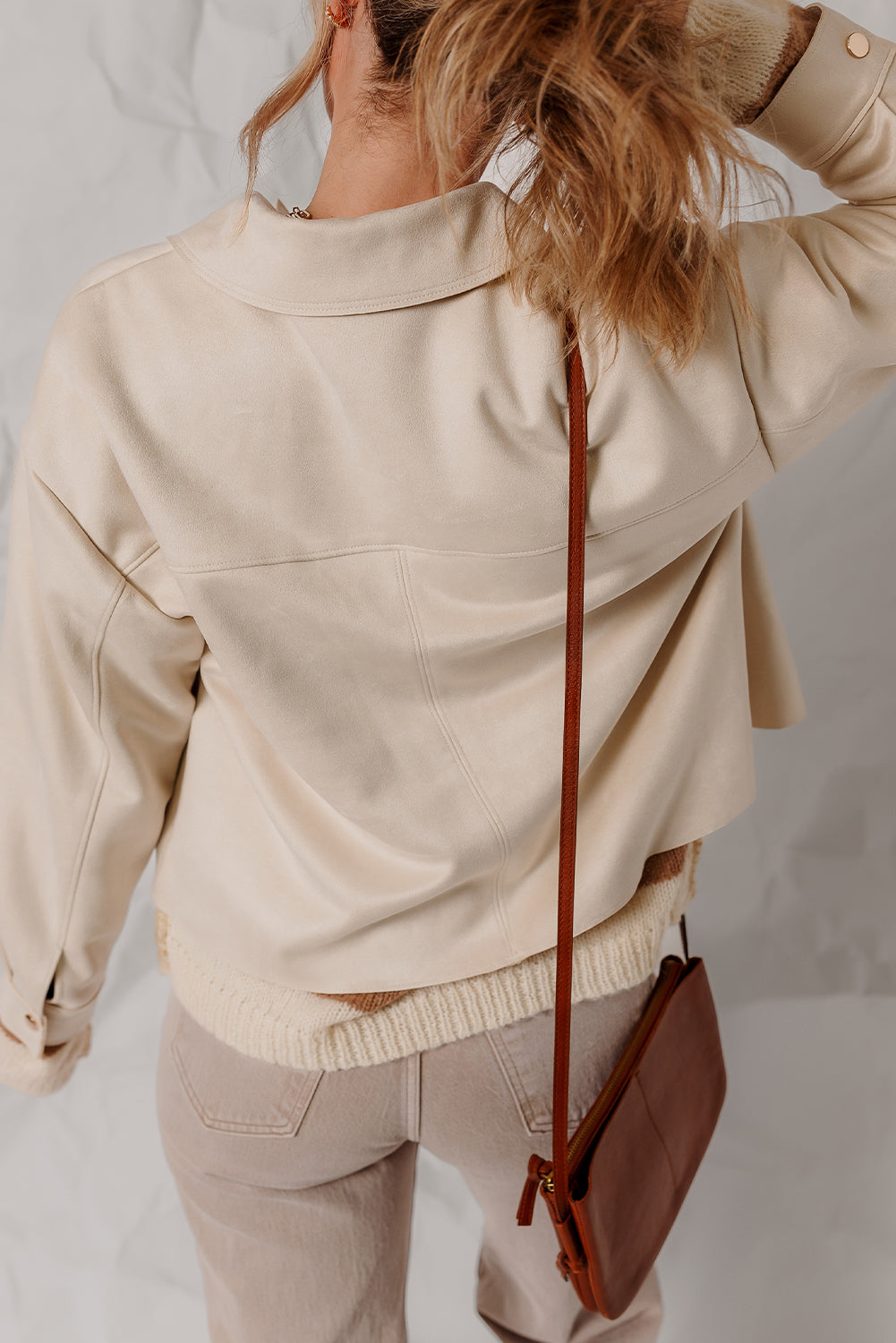 White Double Patch Pocket Snap Button Faux Suede Jacket
