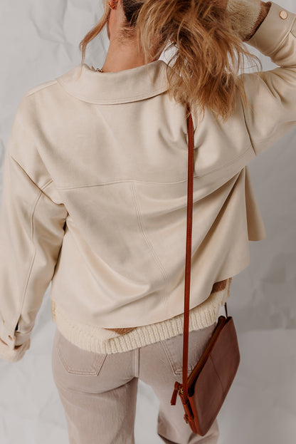 White Double Patch Pocket Snap Button Faux Suede Jacket