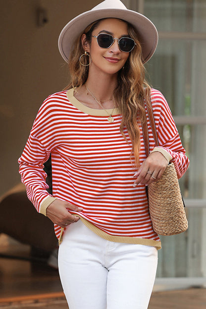 Fiery Red Striped Contrast Trimmed Drop Shoulder Sweater