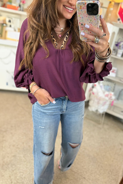 Violet Leopard Trim Notched Neck Flounced Bracelet Sleeve Blouse