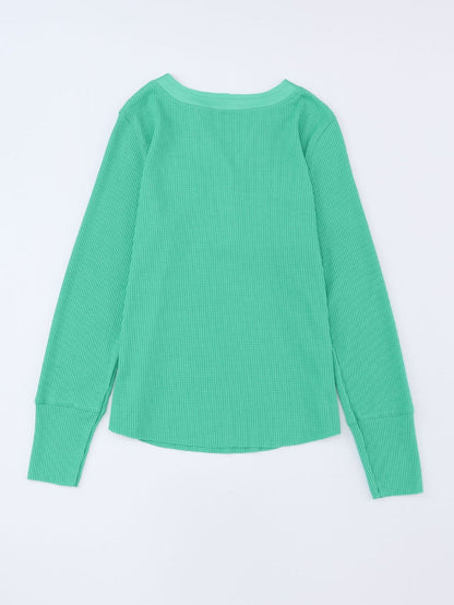 Green Button-Up Waffle Knit Henley Top