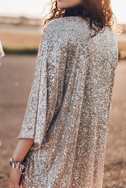 Apricot Sequin Embellished Open Front Kimono Duster