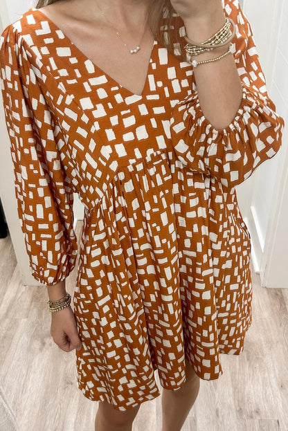 Orange Geometric Pattern Tasseled Lace up V Neck Empire Waist Flowy Short Dress