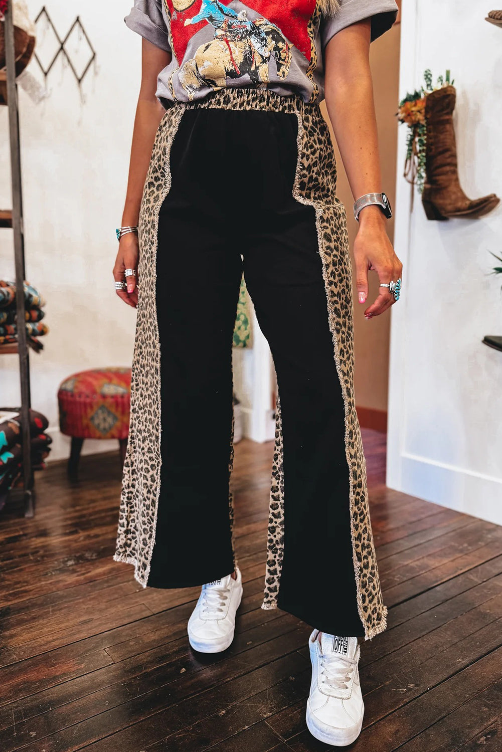Black Frayed Seam Leopard Patchwork Wide Leg Jeans