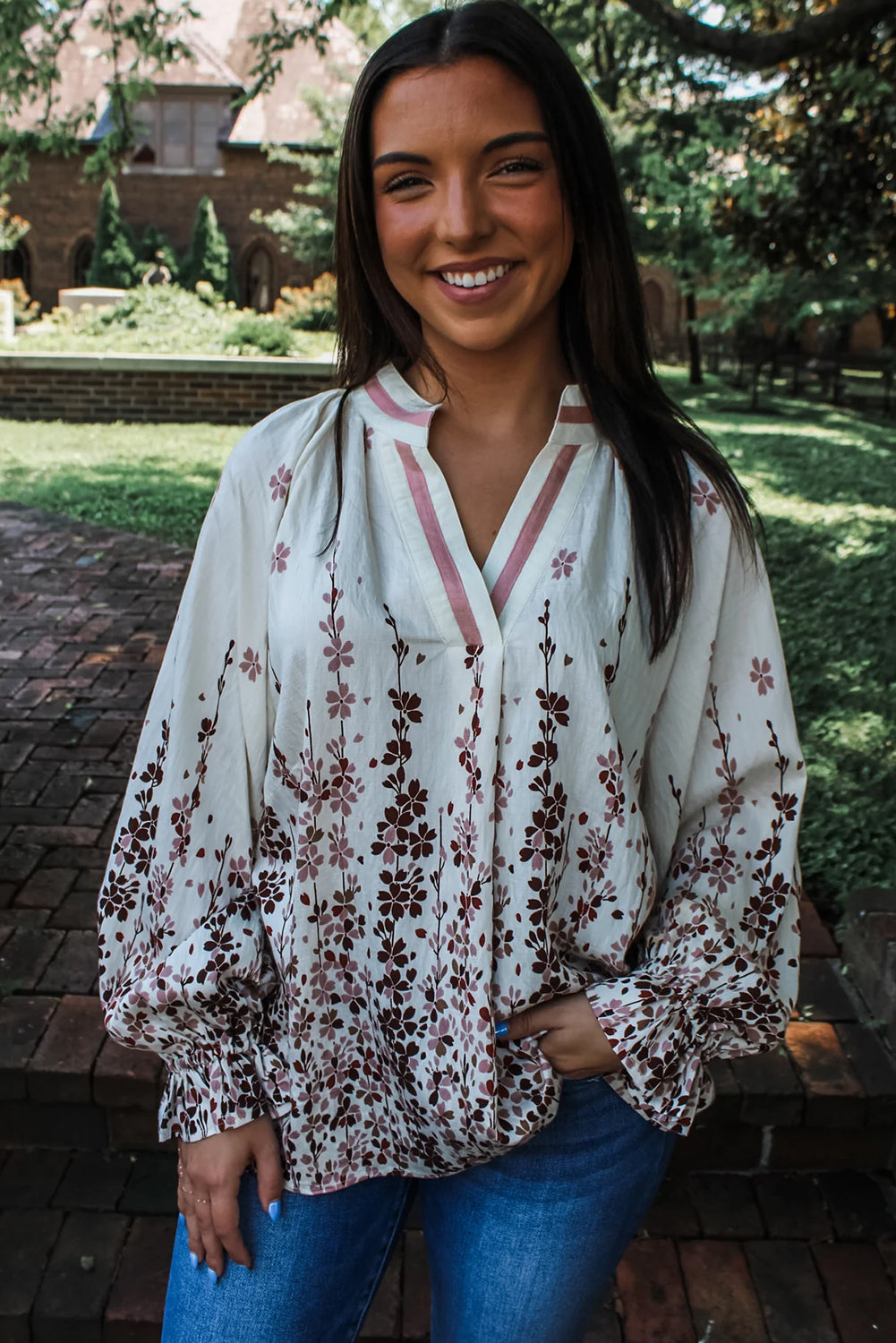White Floral Print Long Puff Sleeve Striped Trim V Neck Blouse