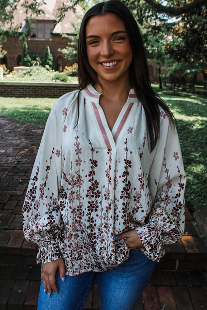 White Floral Print Long Puff Sleeve Striped Trim V Neck Blouse