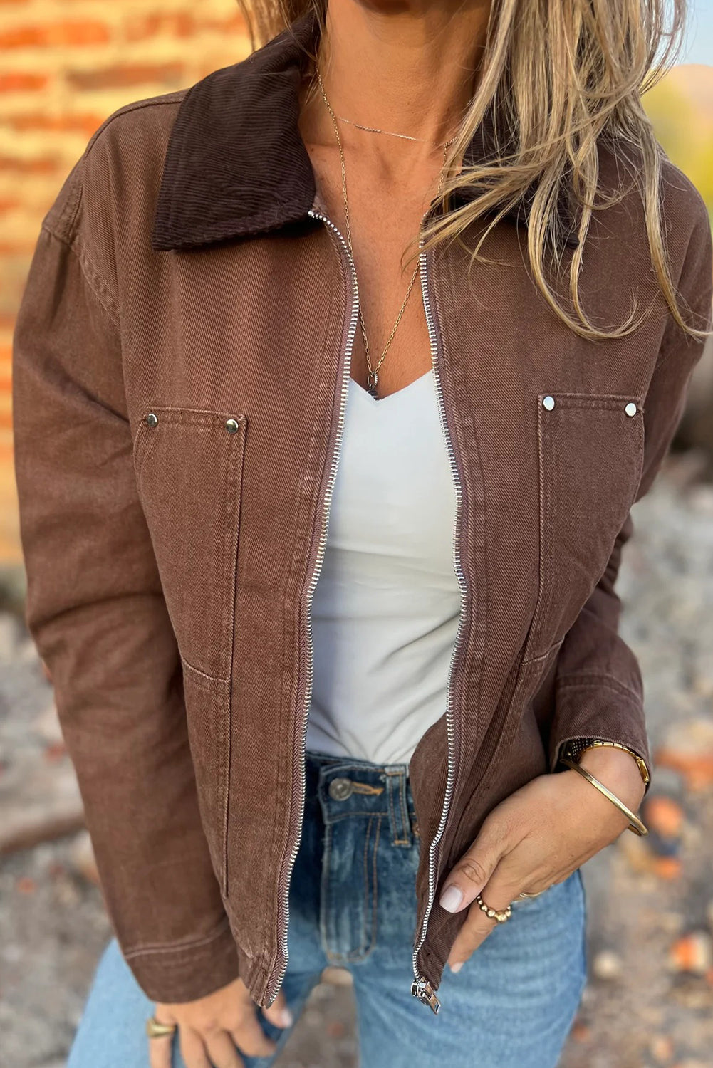 Coffee Corduroy Collar Zipped Front Denim Jacket