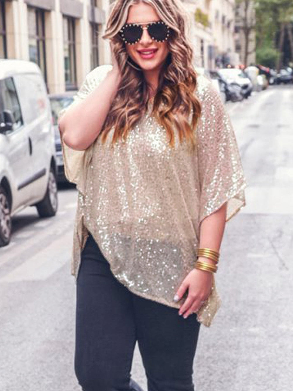 Apricot Plus Size Sequined V Neck Boxy Top