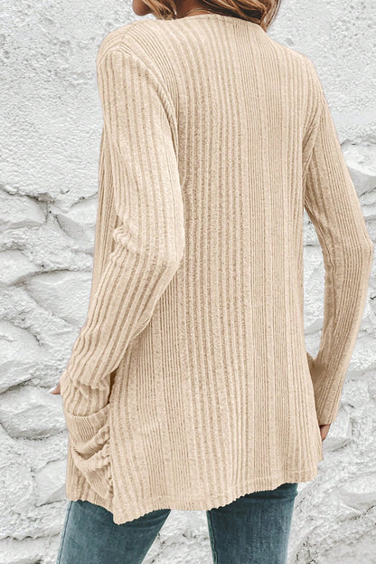 Beige Ribbed Open Front Knitted Top with Pockets